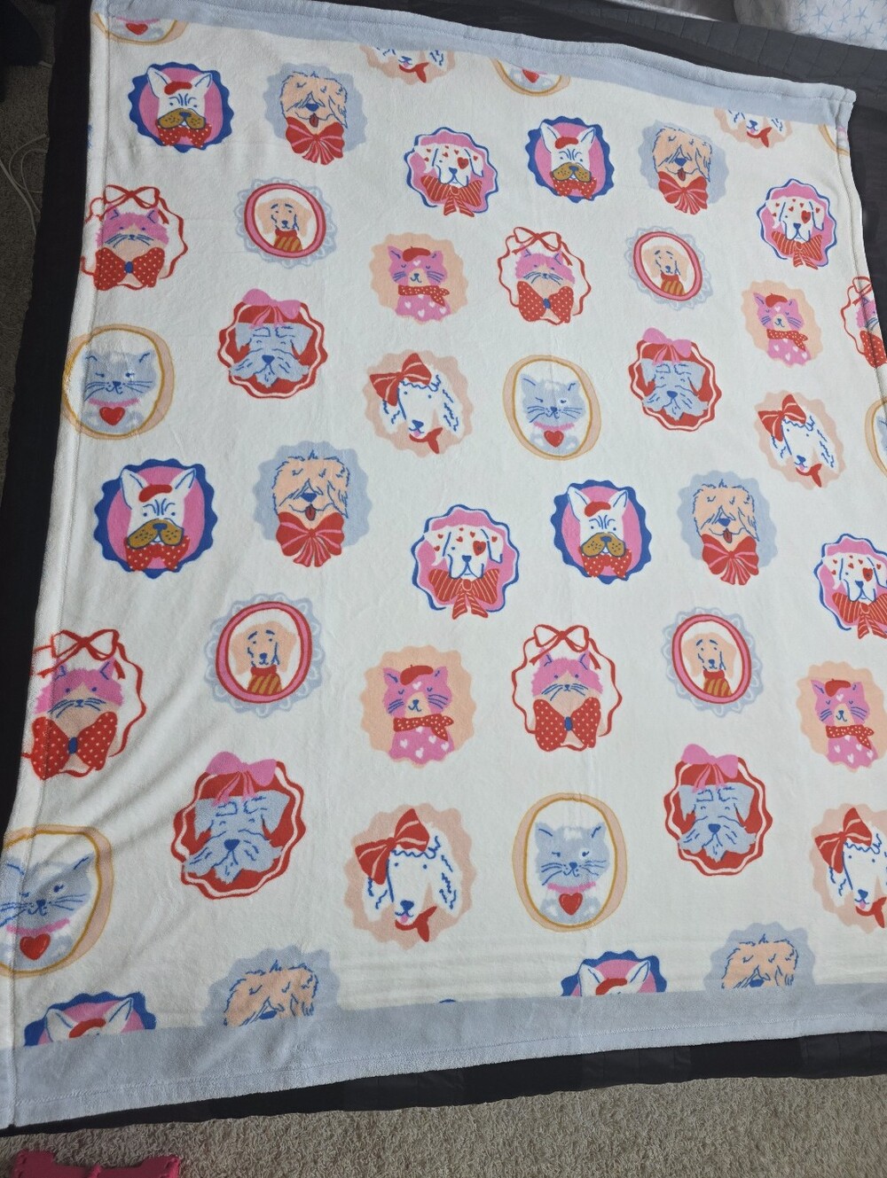 Plush Cream Baby Blanket with Pink & Blue Animal Faces. New